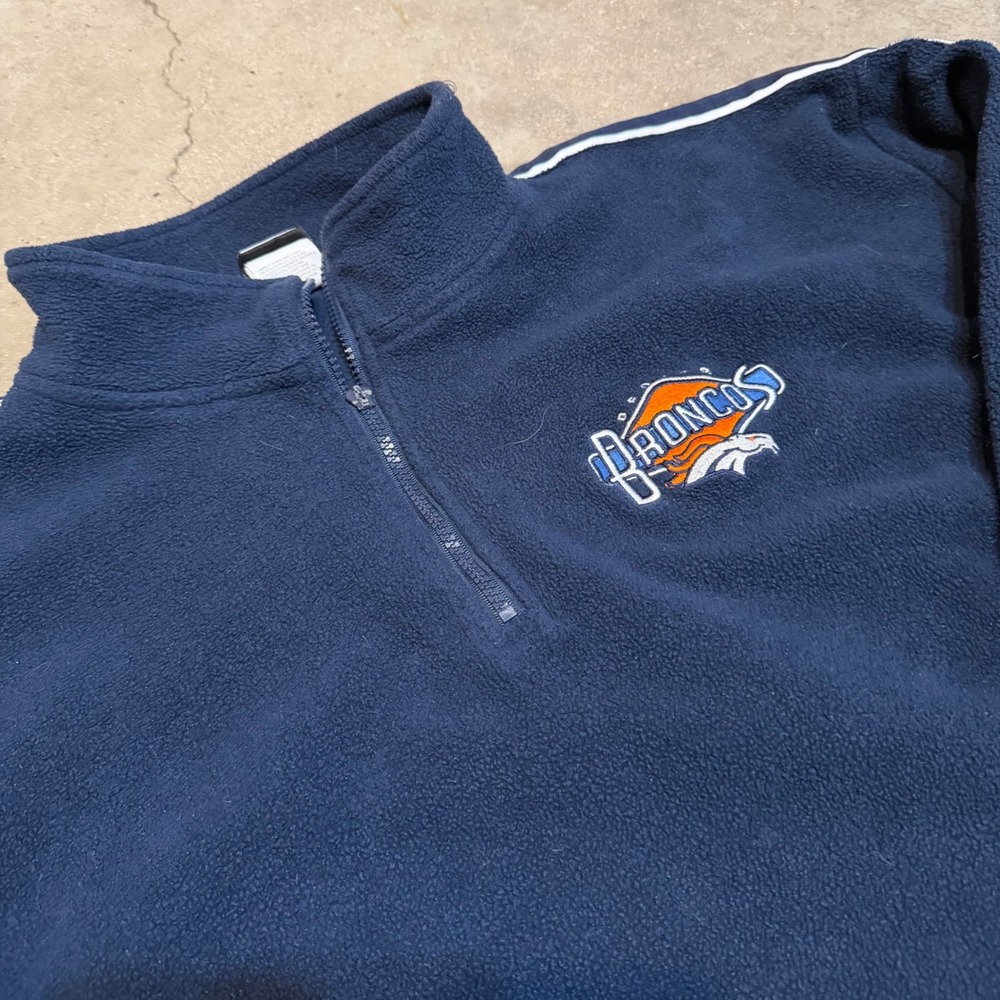 VTG NFL Denver Broncos Fleece Pullover Mens XL Navy Blue 1/4 Zip Striped Sleeves - Picture 2 of 7